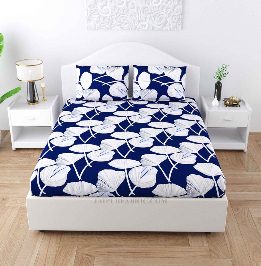 Lotus Leaves Blue Poly Cotton Double Bedsheet