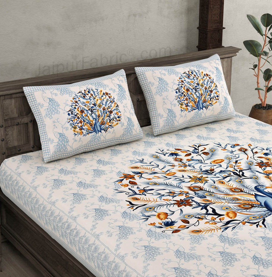 Dancing Peacock Blue Pure Cotton Double BedSheet