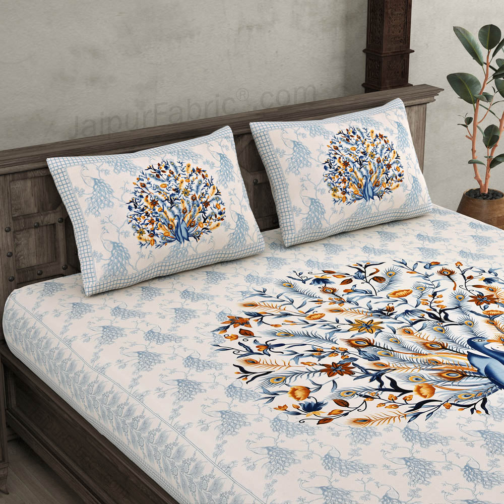 Dancing Peacock Blue Pure Cotton Double BedSheet