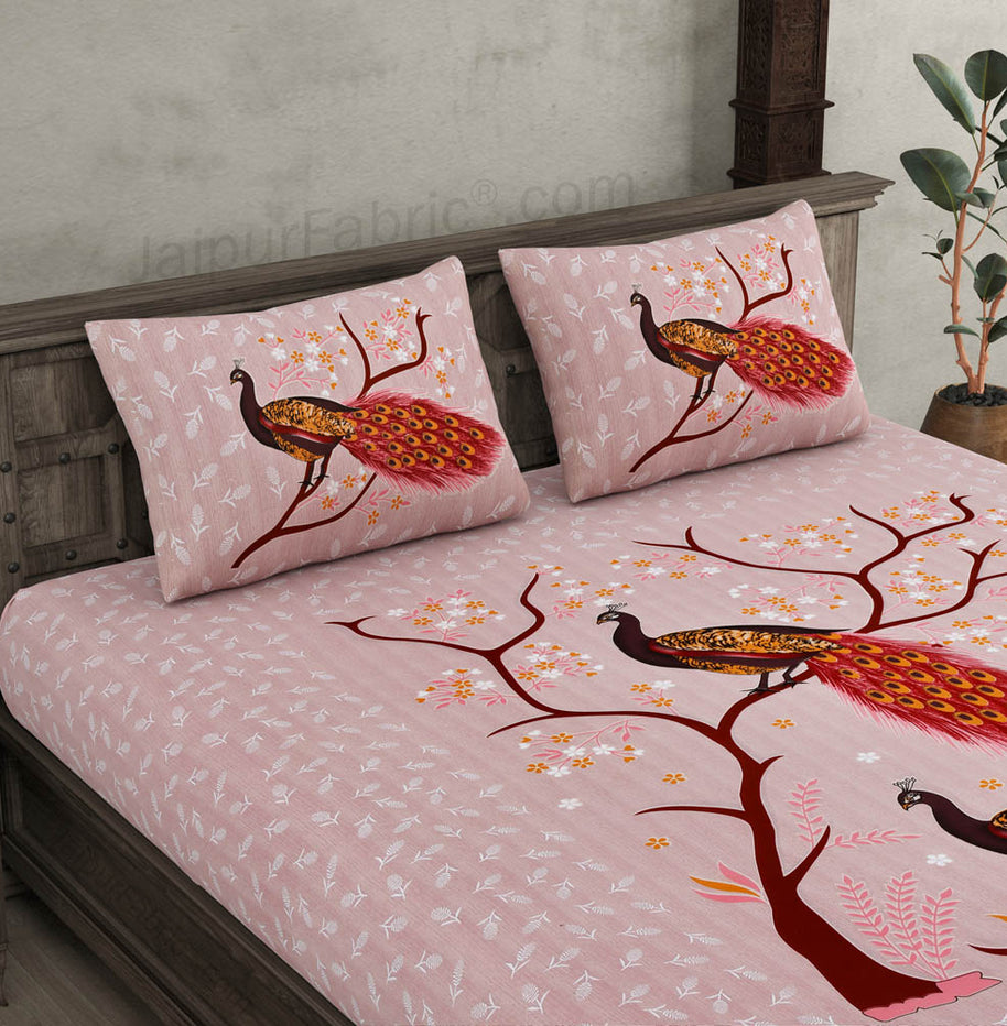 Jungle Peacock Pink Pure Cotton Double BedSheet