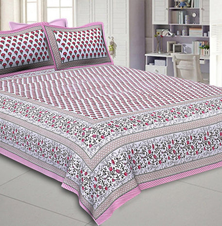 Multi Pink Floral Double Bedsheet with Two Pillow Cover