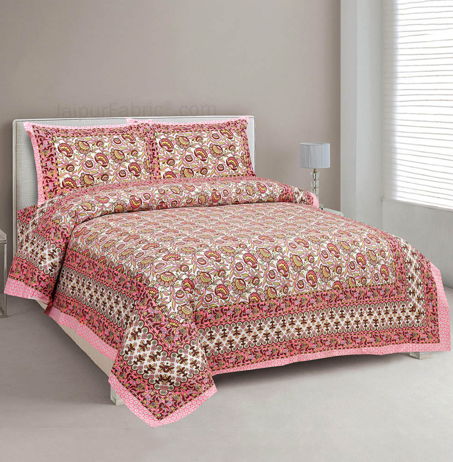 Pink Bloom Jaipur Fabric Double Bed Sheet