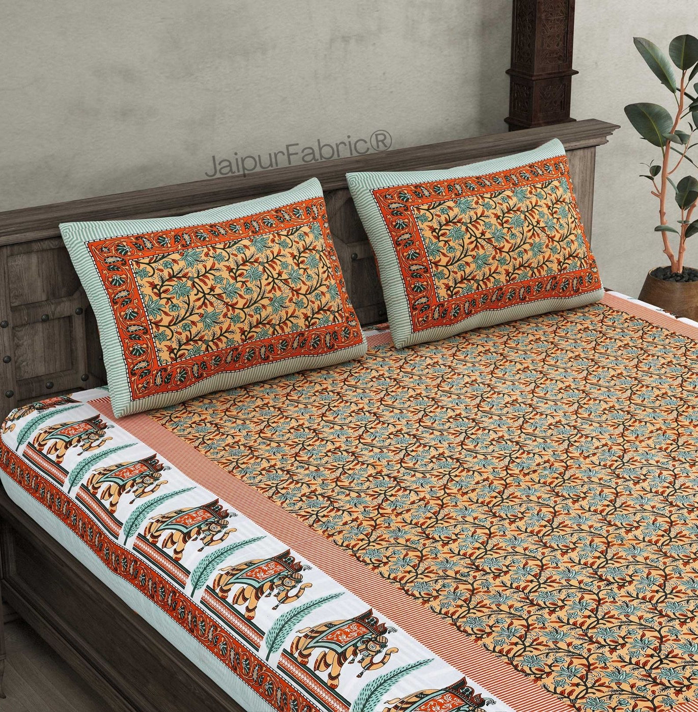 Leafy Flair Peach Pure Cotton Double Bedsheet