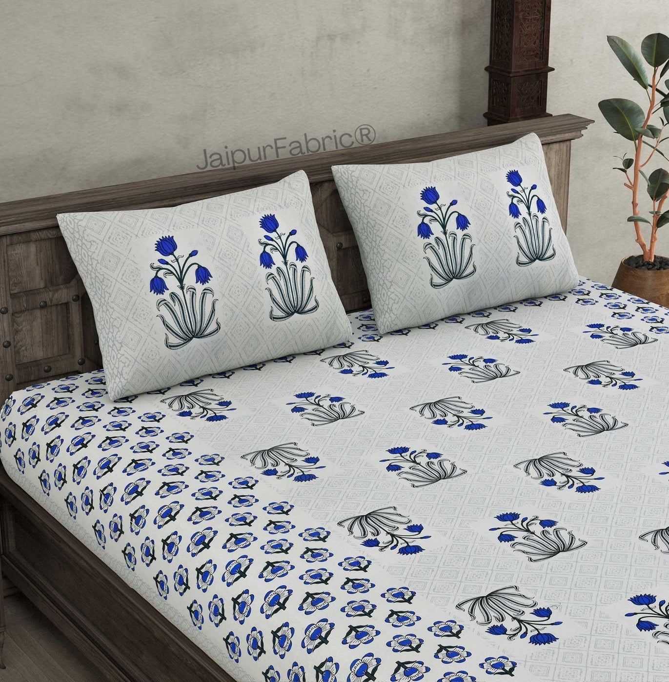 Blossomy Wonder Blue Pure Cotton Double Bedsheet