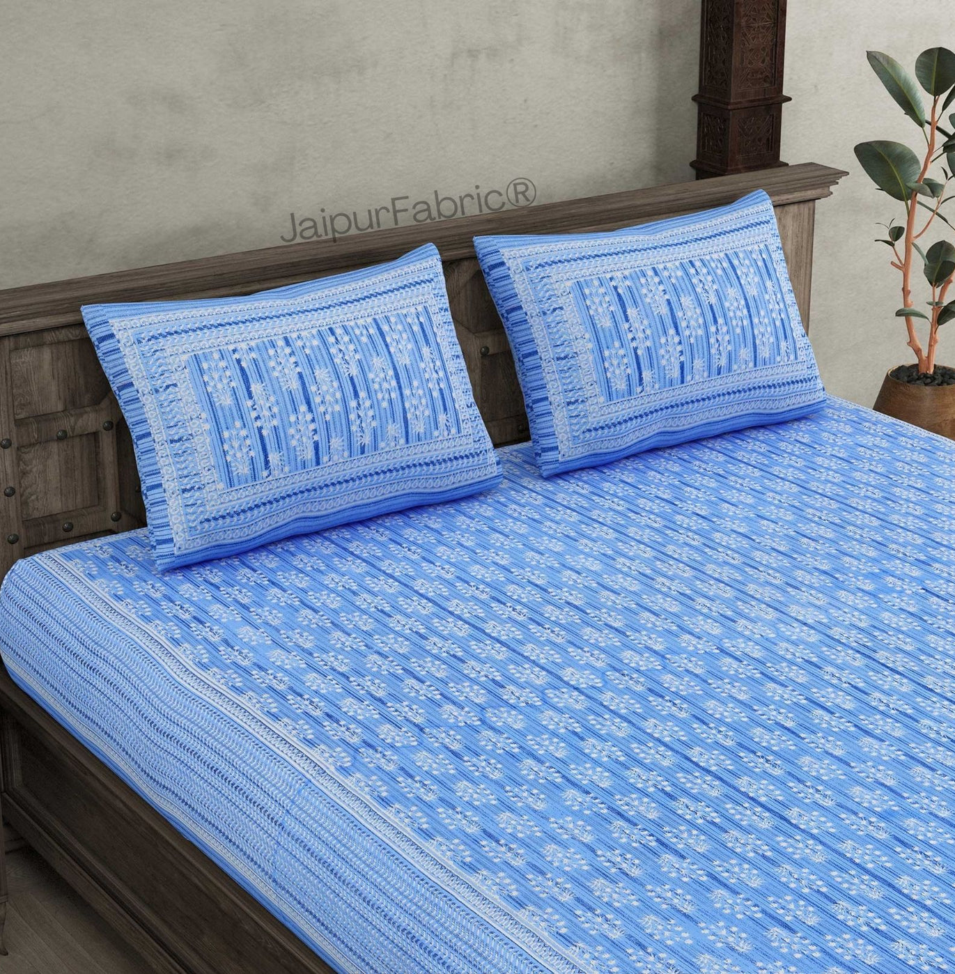 Verdant Wizard Blue Pure Cotton Double Bedsheet