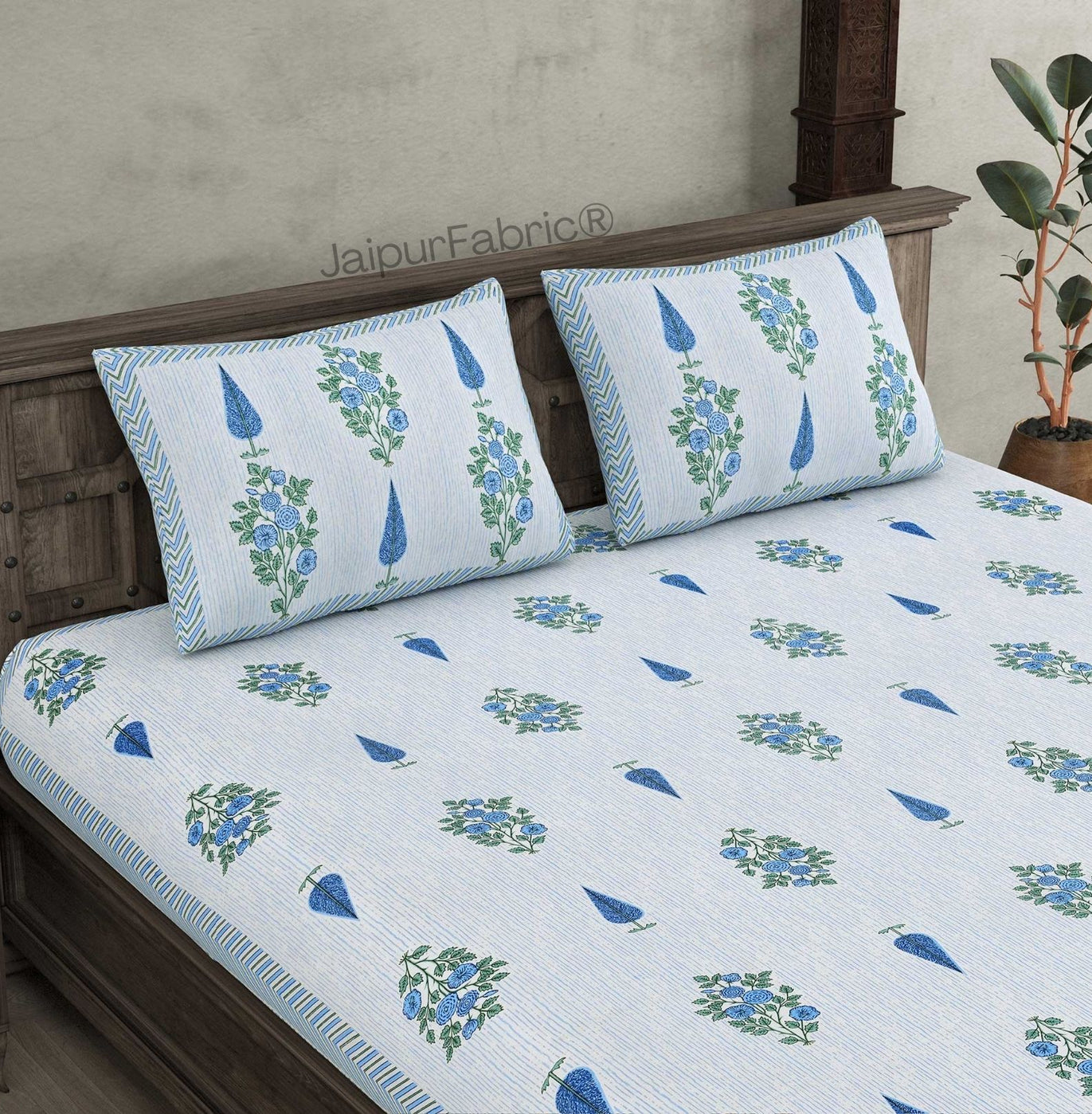 Deodar Décor Blue Pure Cotton Double Bedsheet