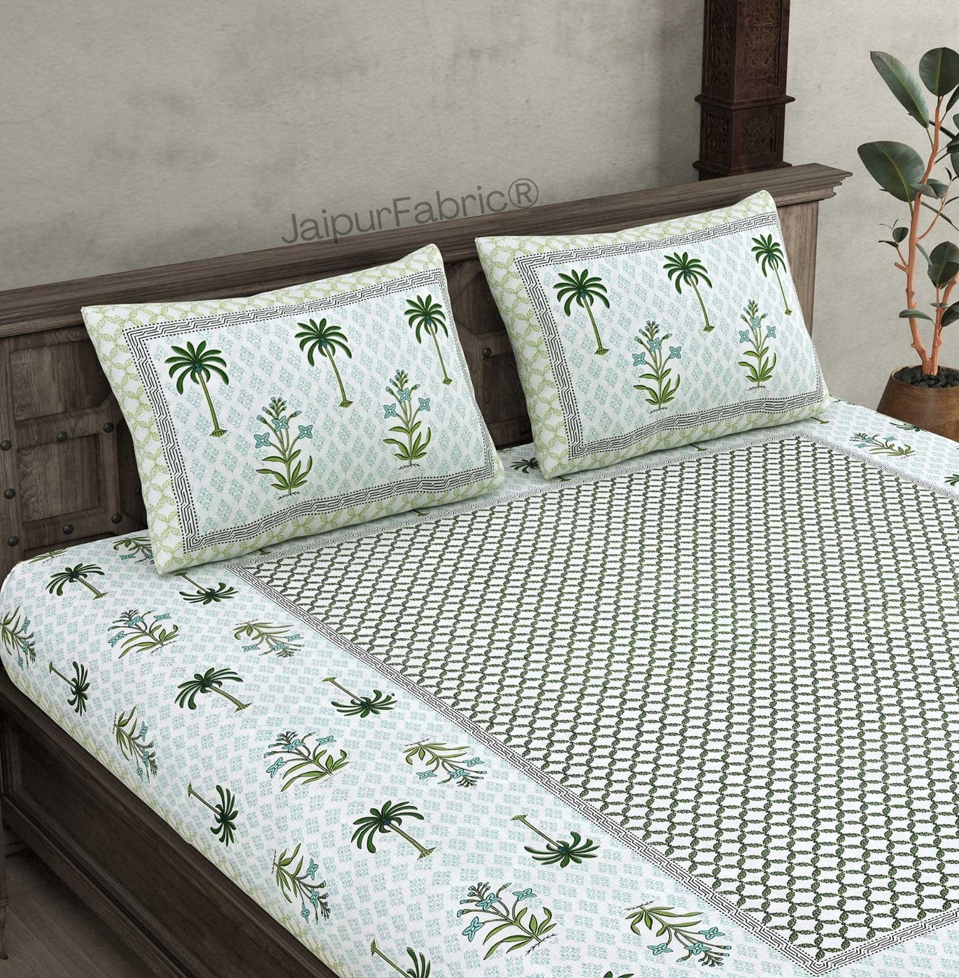 Beautiful Bunaai Green Pure Cotton Double Bedsheet