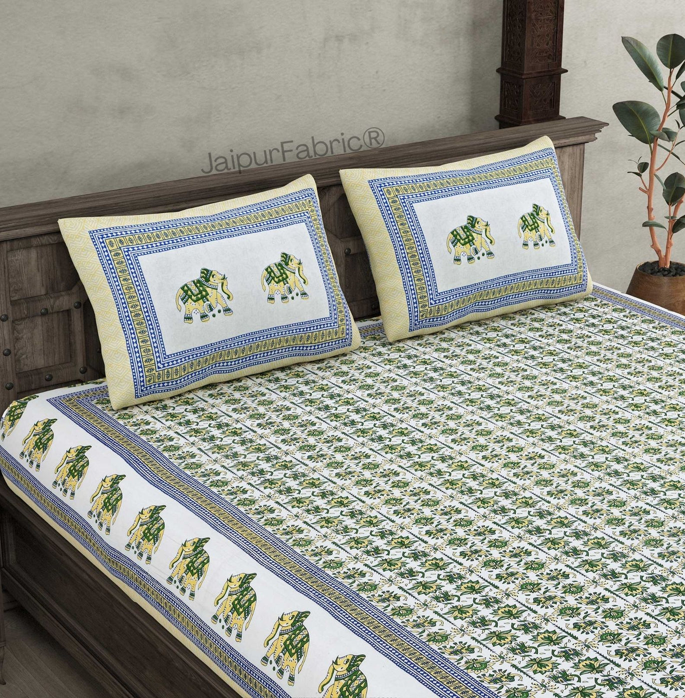 Padharo Sa Green Pure Cotton Double Bedsheet