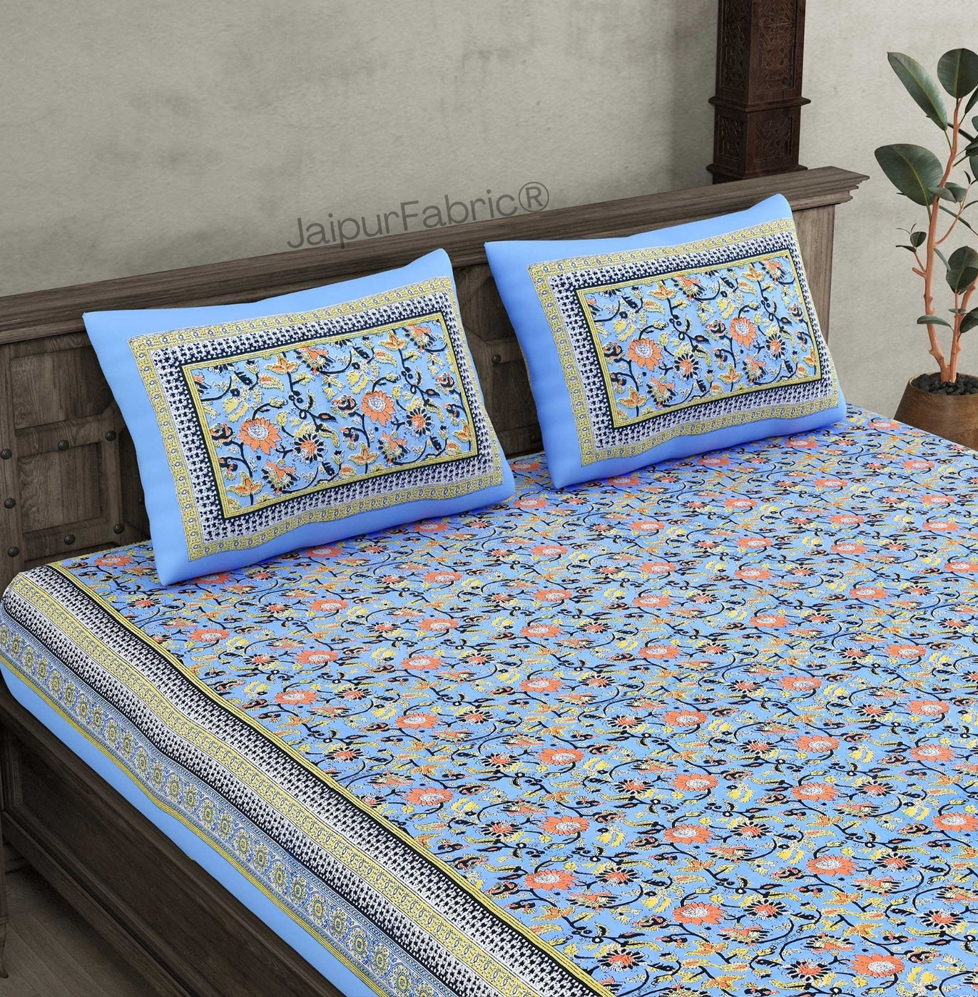 Floral BoothBlue Pure Cotton Double Bedsheet