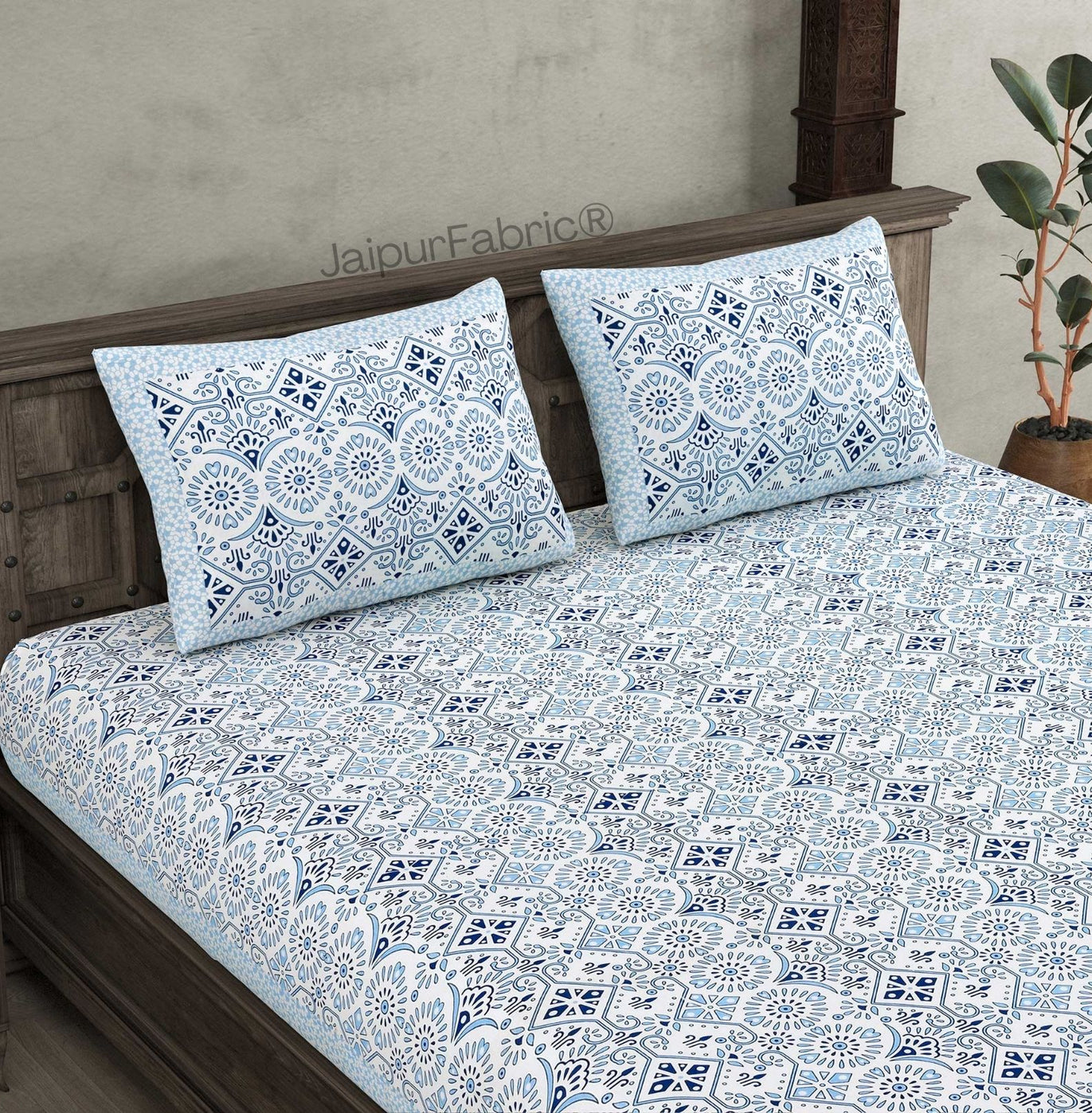 Showering Festivities Blue Pure Cotton Double Bedsheet