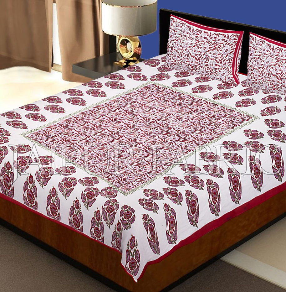 Red Border White Base Floral Pattern Block Print Cotton Double Bed Sheet