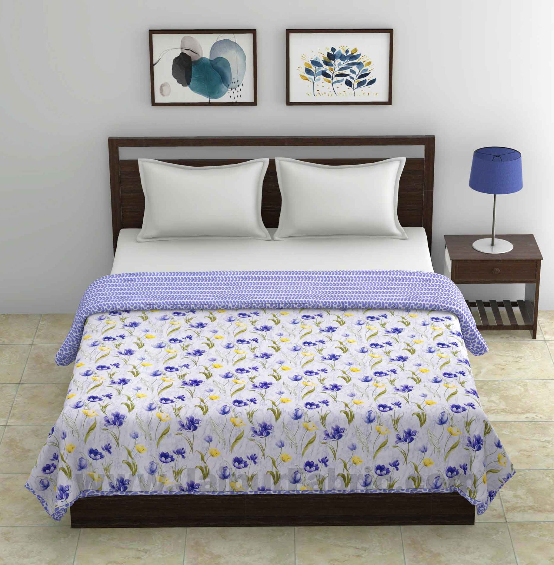 Lightweight Reversible Double Bed Dohar Blue Flower Skin Friendly Pure Cotton MulMul Blanket / AC Comforter / Summer Quilt