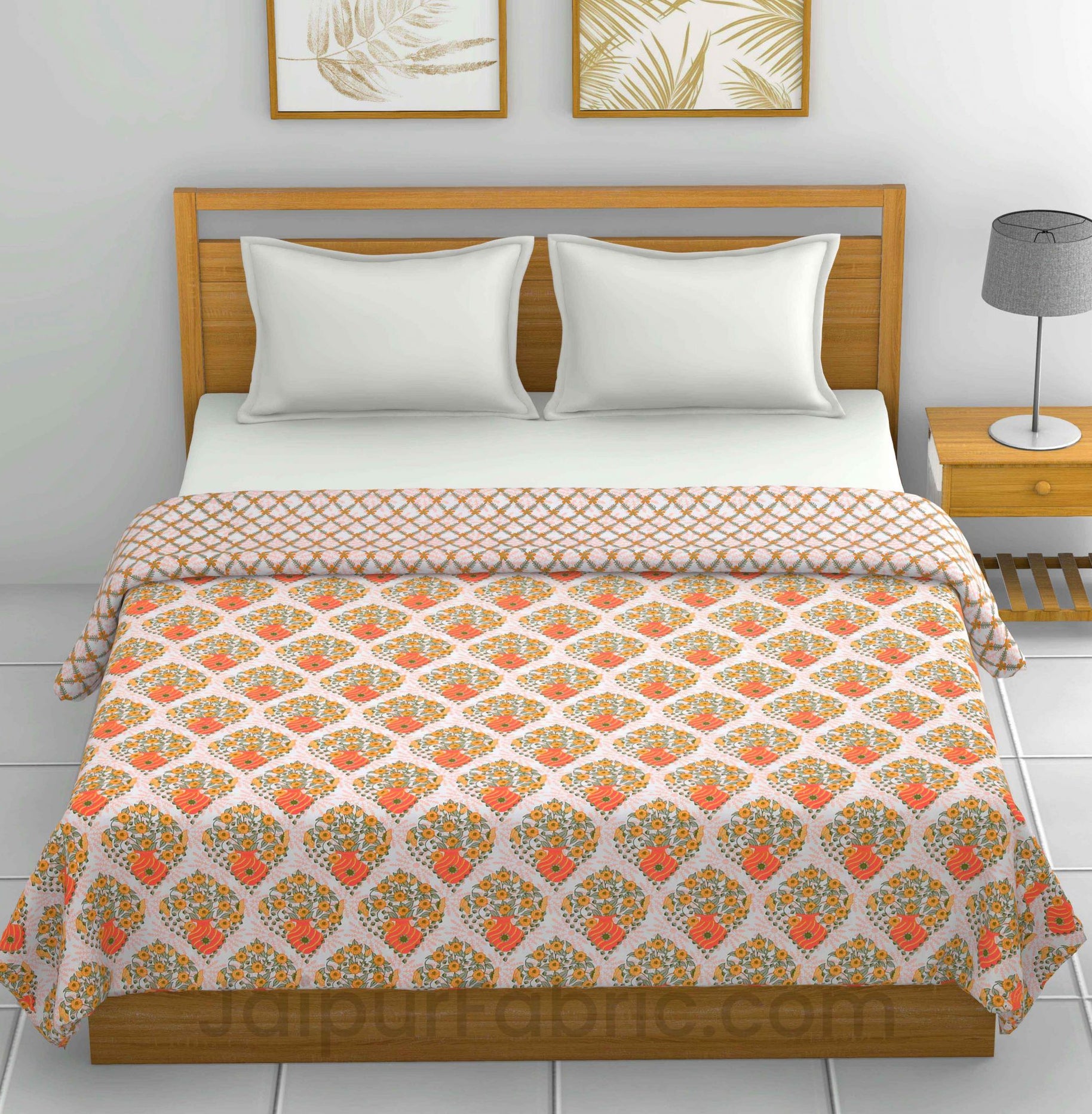 Orange Cream Floral 150 GSM Reversible Double Bed Cotton AC Dohar