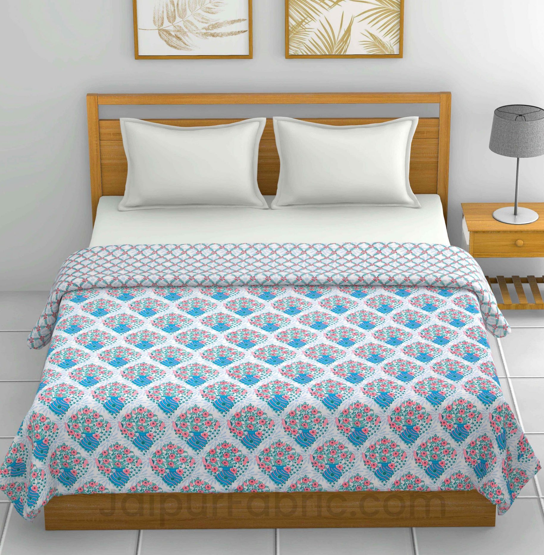 Blue White Floral 150 GSM Reversible Double Bed Cotton AC Dohar