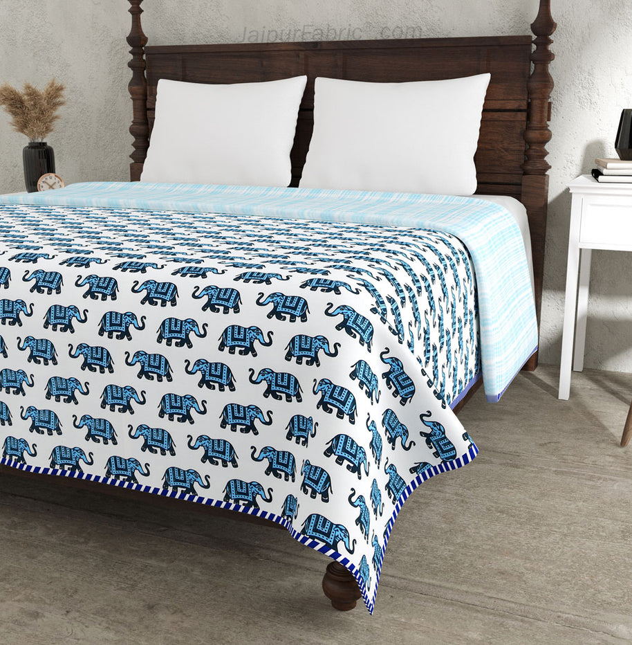 Elephant Print Blue Pure Cotton Reversible Double Bed AC Quilt Dohar