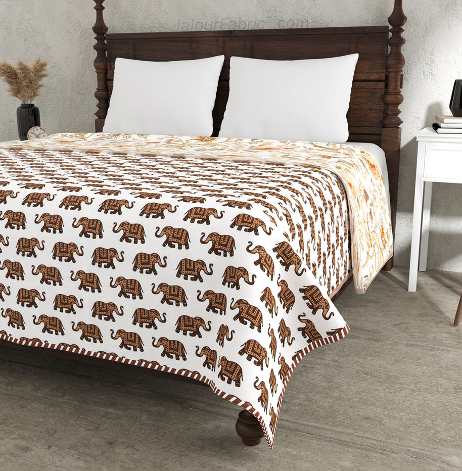 Elephant Print Brown Pure Cotton Reversible Double Bed AC Quilt Dohar