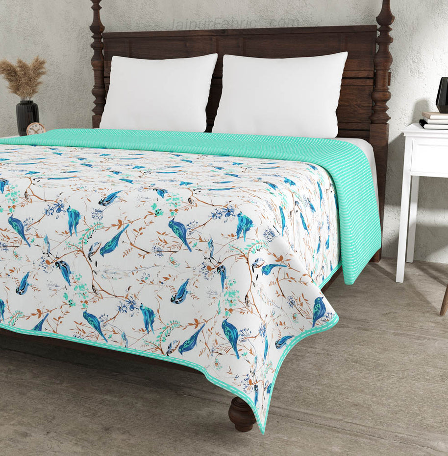 Parakeets Blue Green Double Bed Dohar Blanket