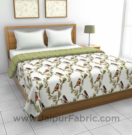 Pure Cotton Green Indian Bird Pattern Reversible Double Bed Dohar