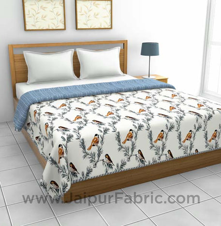 Pure Cotton Blue Indian Bird Pattern Reversible Double Bed Dohar