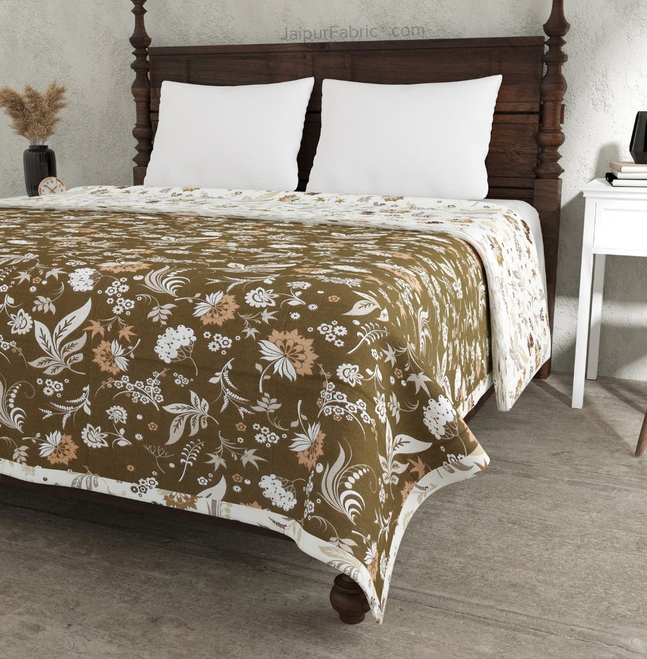 Flowery Spring Brown Cotton Reversible Double Bed Dohar