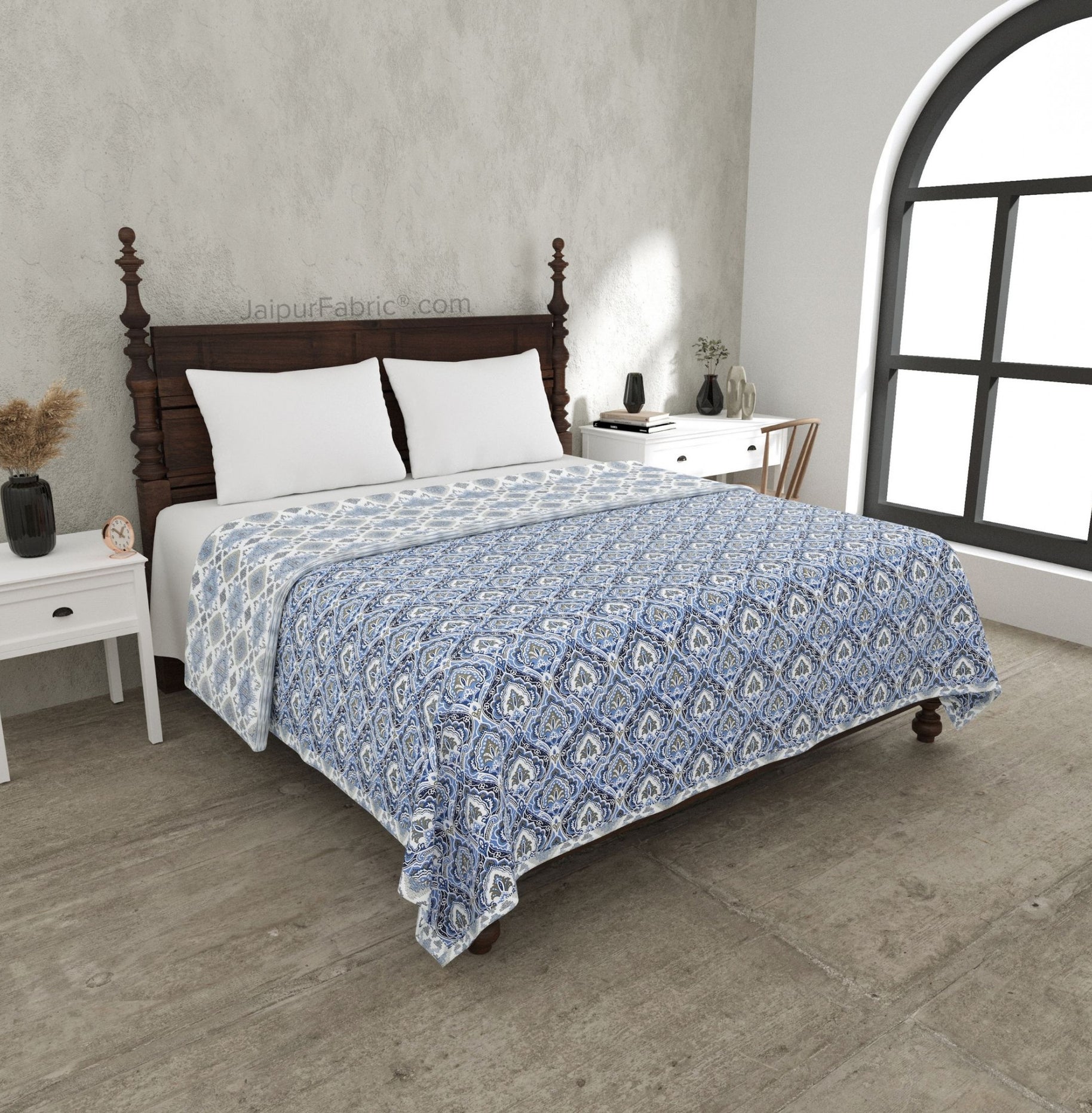 Ocean Whisper Blue and White Cotton Reversible Double Bed Dohar