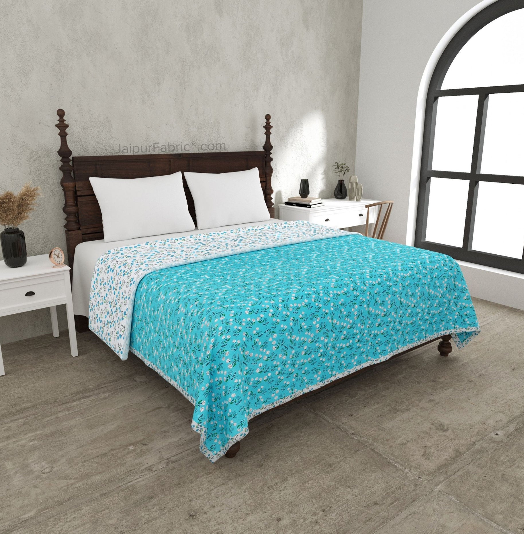 Marine Melody Sea Blue and White Cotton Reversible Double Bed Dohar