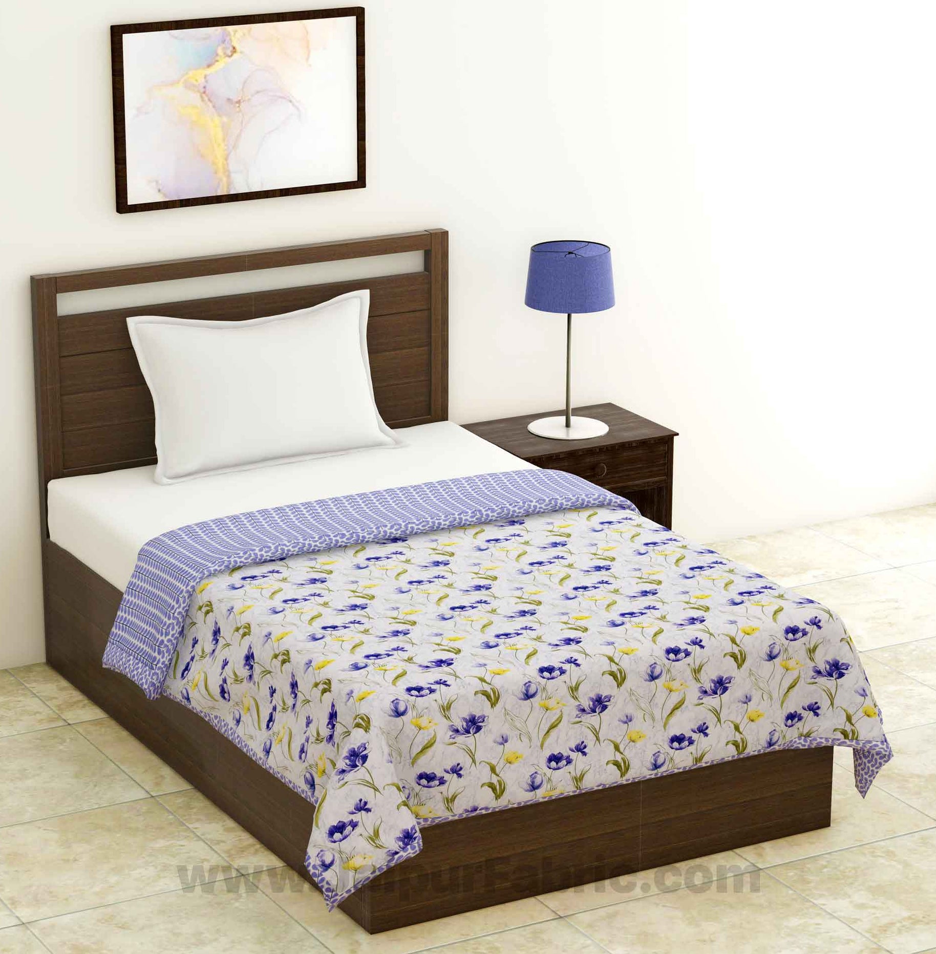 Lightweight Reversible Single Bed Dohar Blue Flower Skin Friendly Pure Cotton MulMul Blanket / AC Comforter / Summer Quilt