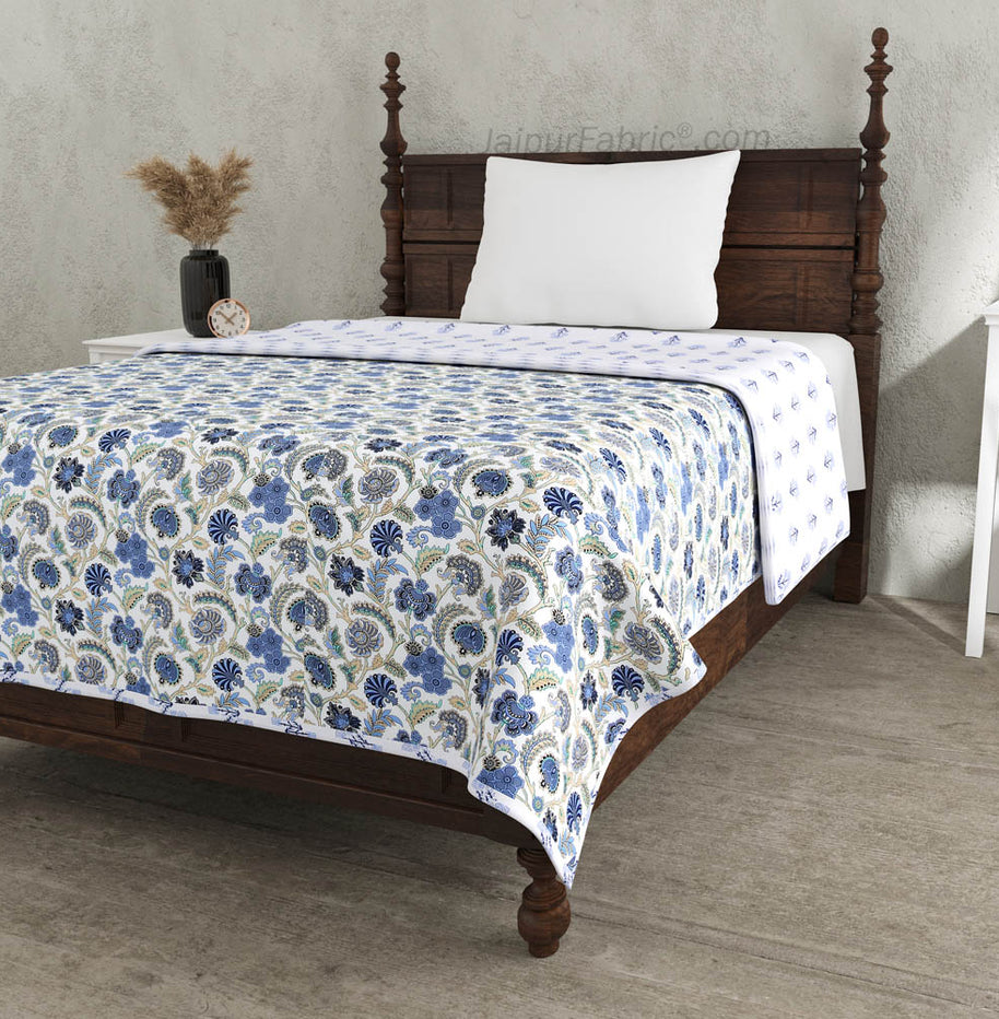 Blue Blossomy Pure Cotton Single Bed Dohar