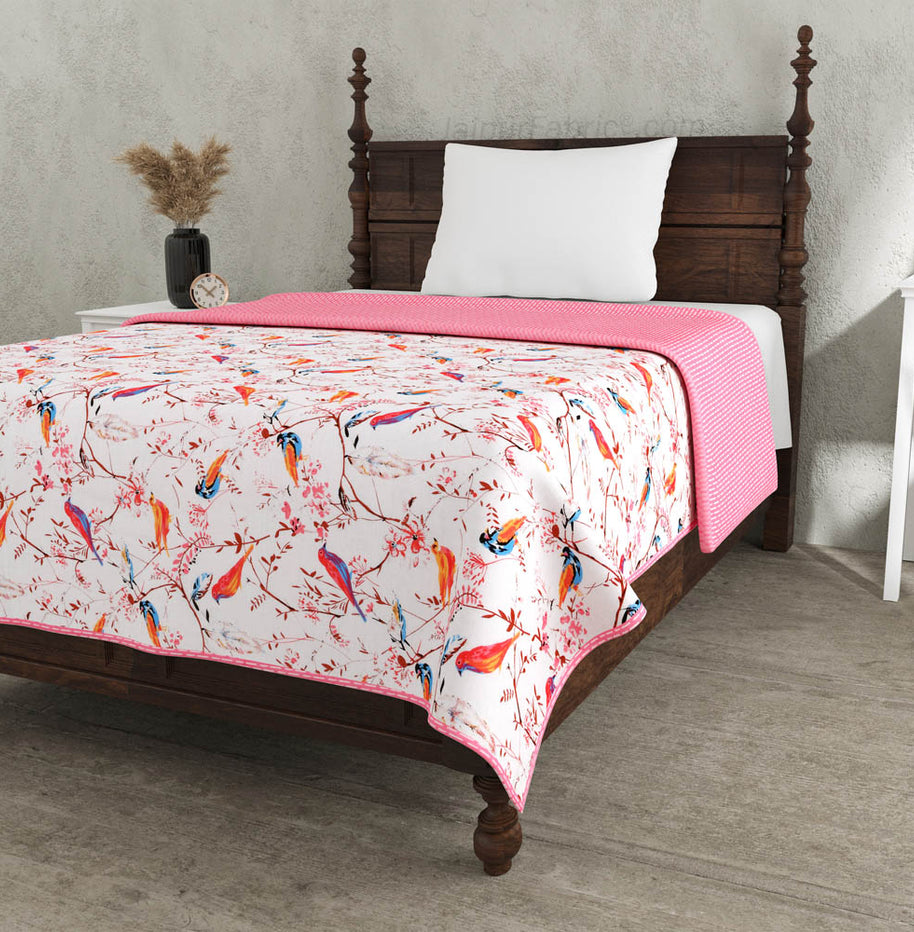 Parakeets Pink Single Bed Dohar Blanket