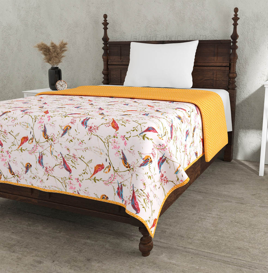 Parakeets Yellow Single Bed Dohar Blanket