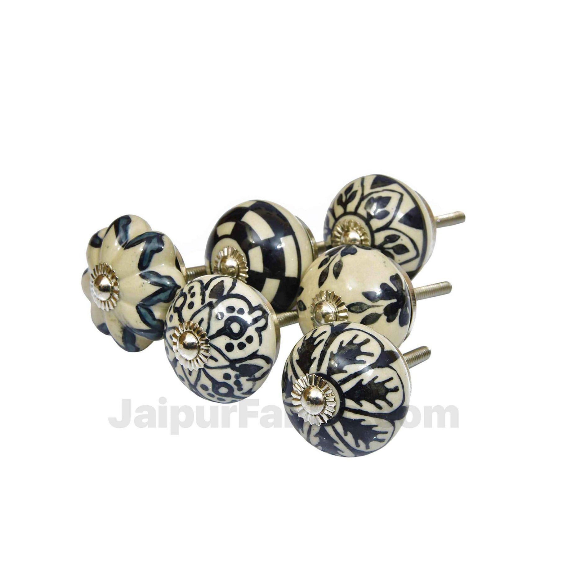 Black & White Set of 6 Pcs Fabricated Knobs for Doors and Cabinets with Brass Blue Pottery