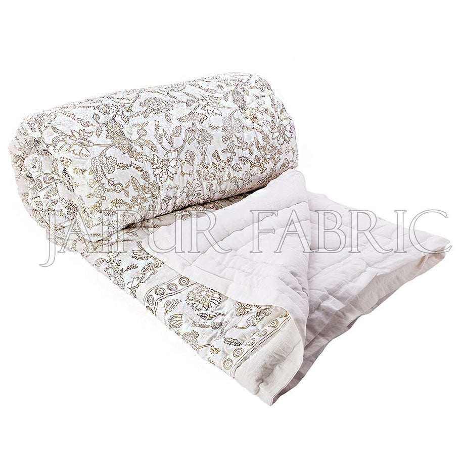 Royal Floral Golden Print White Base Double Bed Quilt