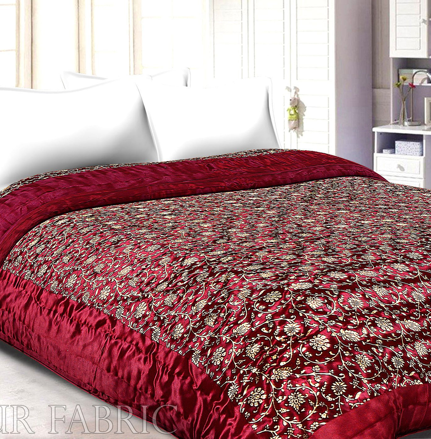 Dark Maroon Base Golden Floral Print Silk Double Quilt