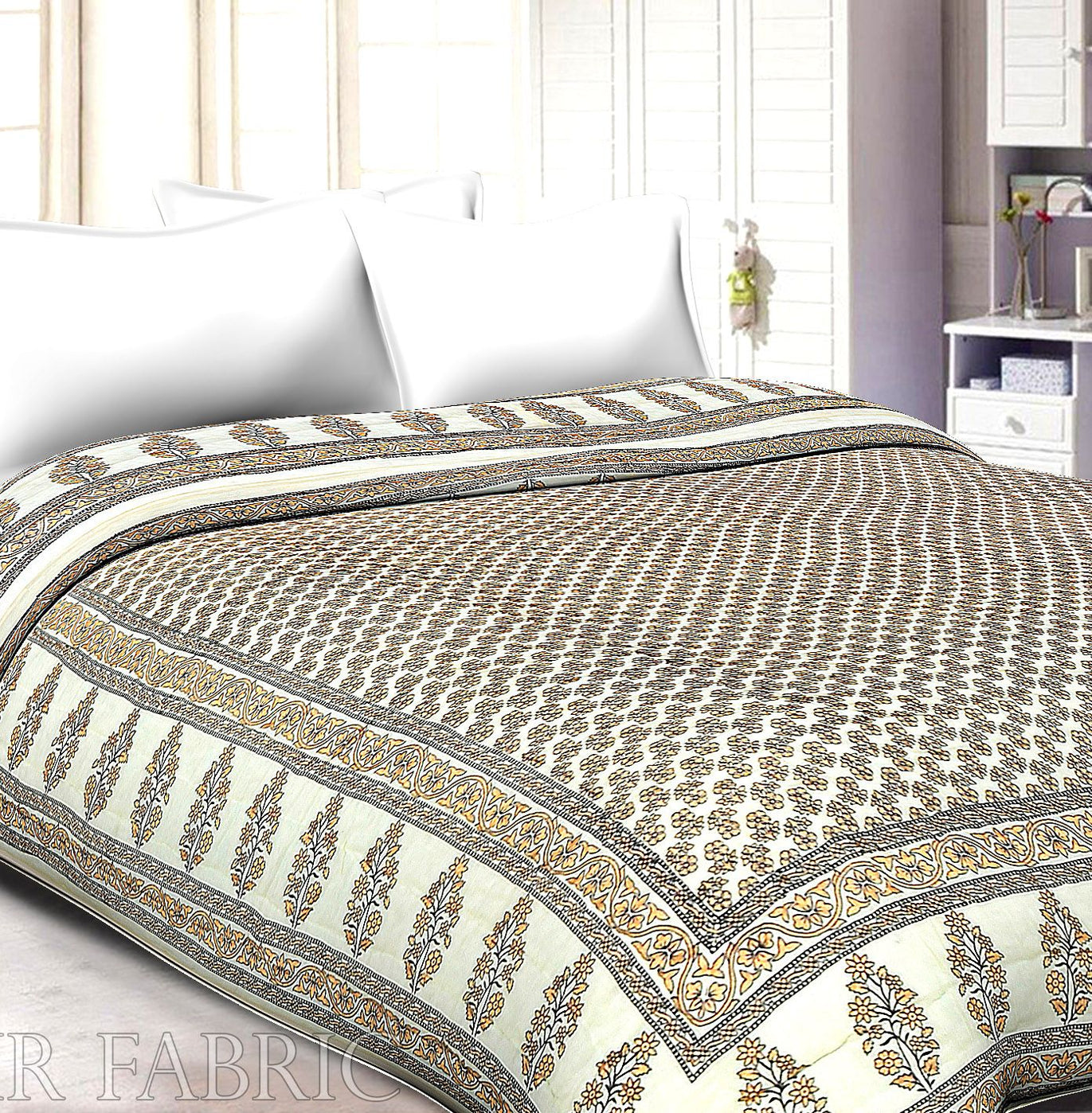 Cream Base Golden Flower With black lining Cotton Double Bed Quilt