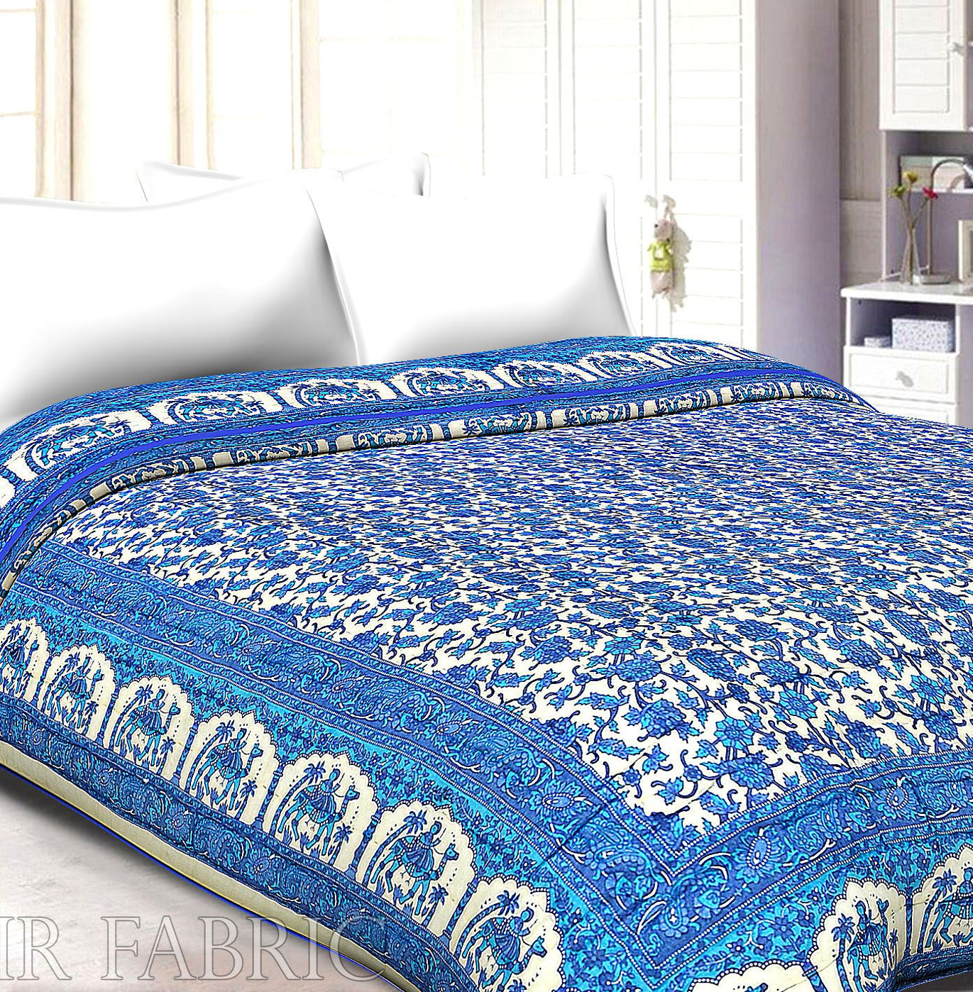 Cream Base Blue Print With Camel And Flower Cotton Double Bed Quilt