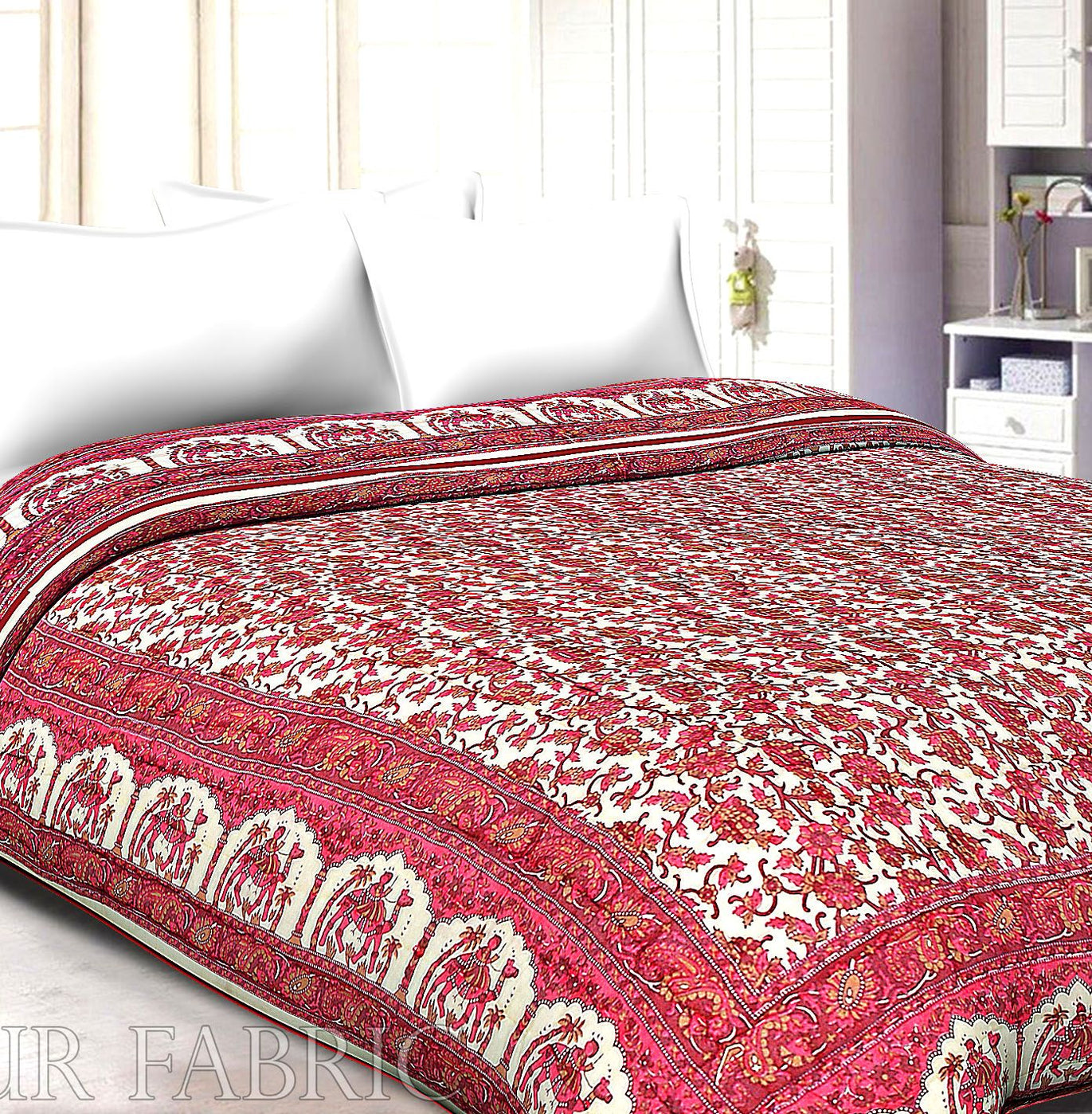 Cream Base Pink Print With Camel And Flower Cotton Double Bed Quilt