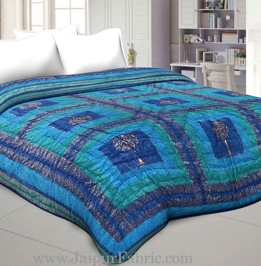 Firozi And Blue Golden Jaipuri  Tree  print Double Bed Quilt