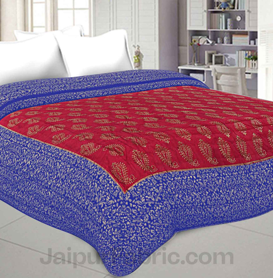 Jaipuri Printed Double Bed Razai Golden Red and blue with Paisley pattern