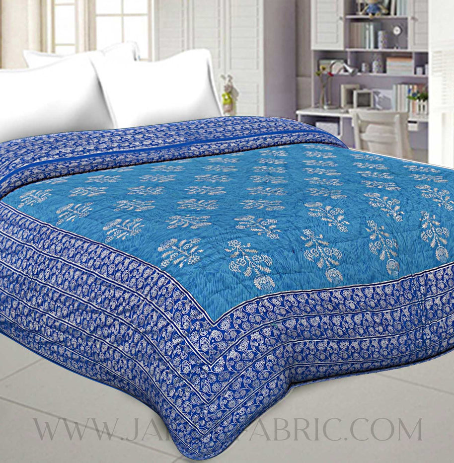 Jaipuri Printed Double Bed Razai Silver  Blue And Ice Blue White base with Jall pattern