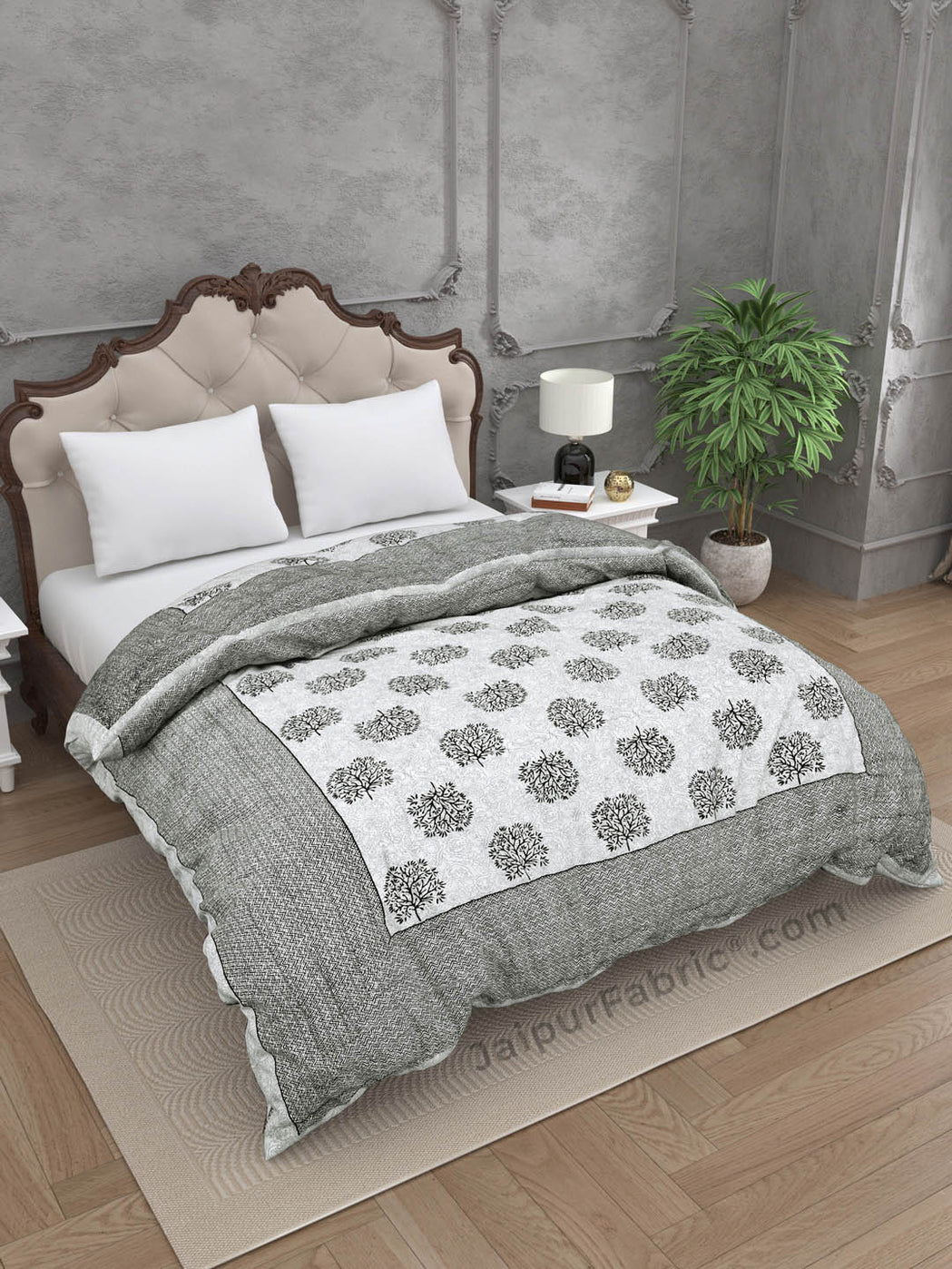 Jaipuri Rajai Tree Print 300GSM Fine Cotton Grey Double Bed Quilt