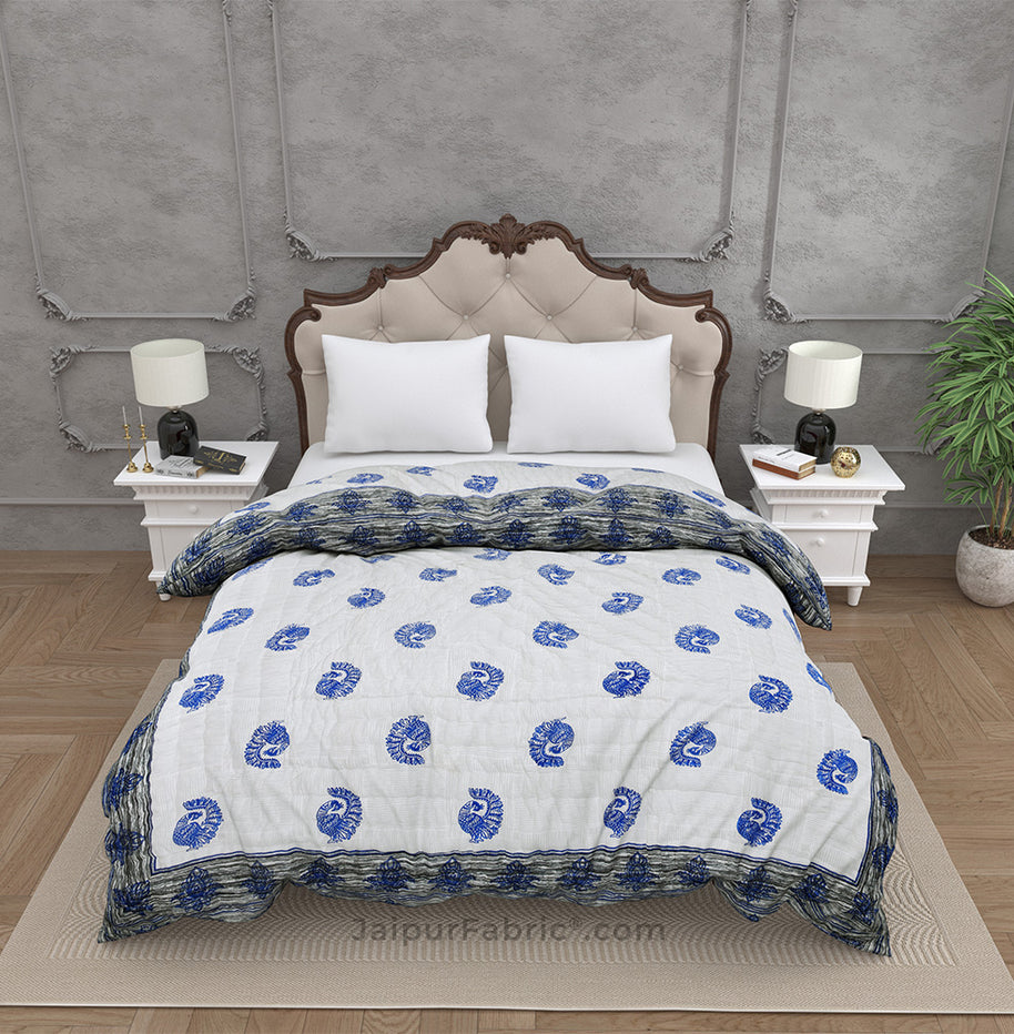 Grey Border Blue Peacock Microfiber Fill Cotton Cover Double Bed Quilt