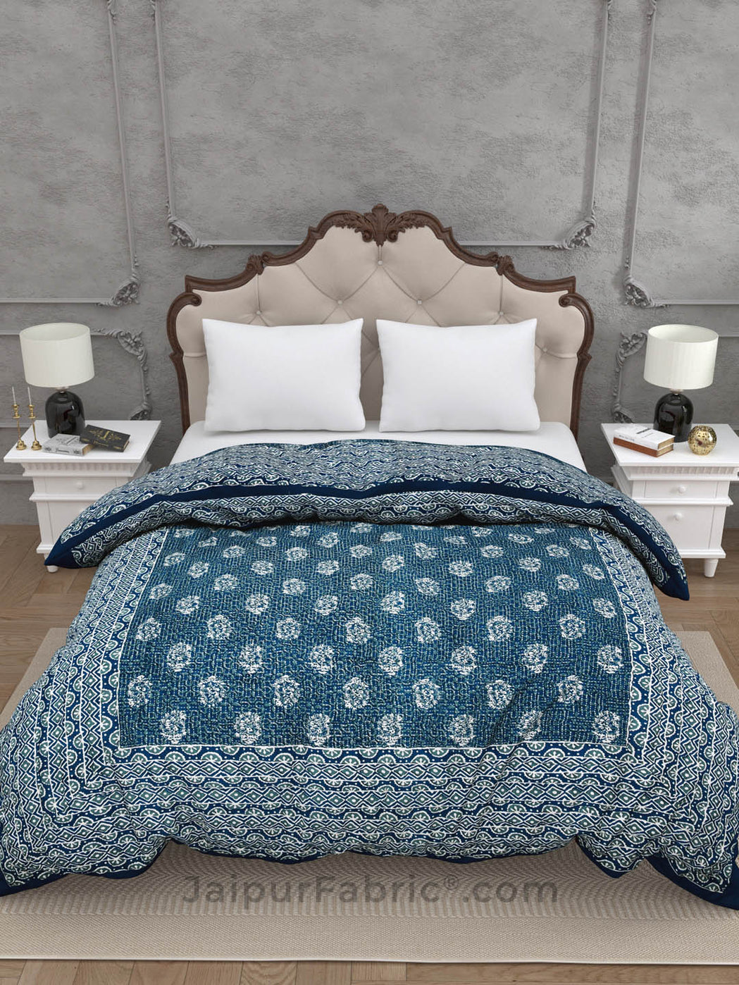 Jaipuri Rajai Daabu Traditional Print 300GSM Fine Cotton Blue Double Bed Quilt