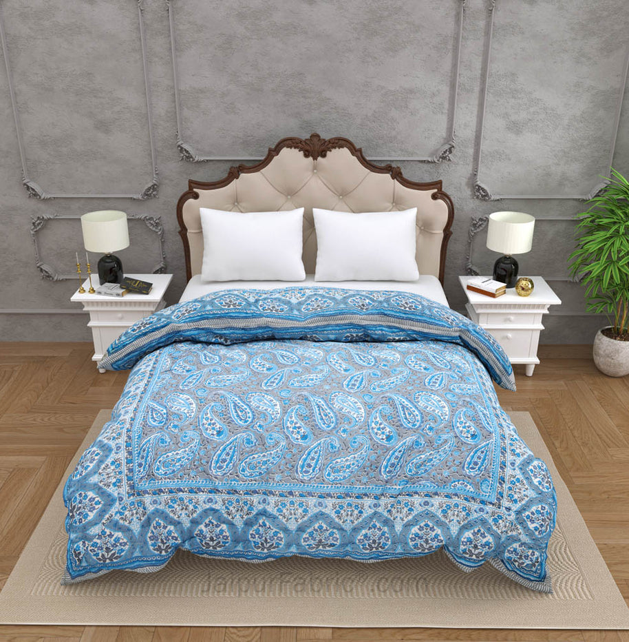 jaipurfabric® Paisley Blue Premium Cotton Double Bed Quilt