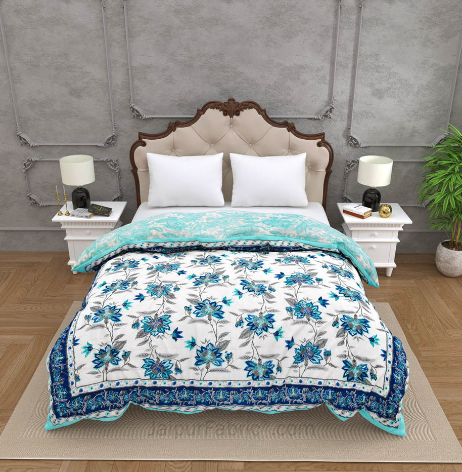 JaipurFabric® Blooming Dale Blue Premium Cotton Double Bed Quilt