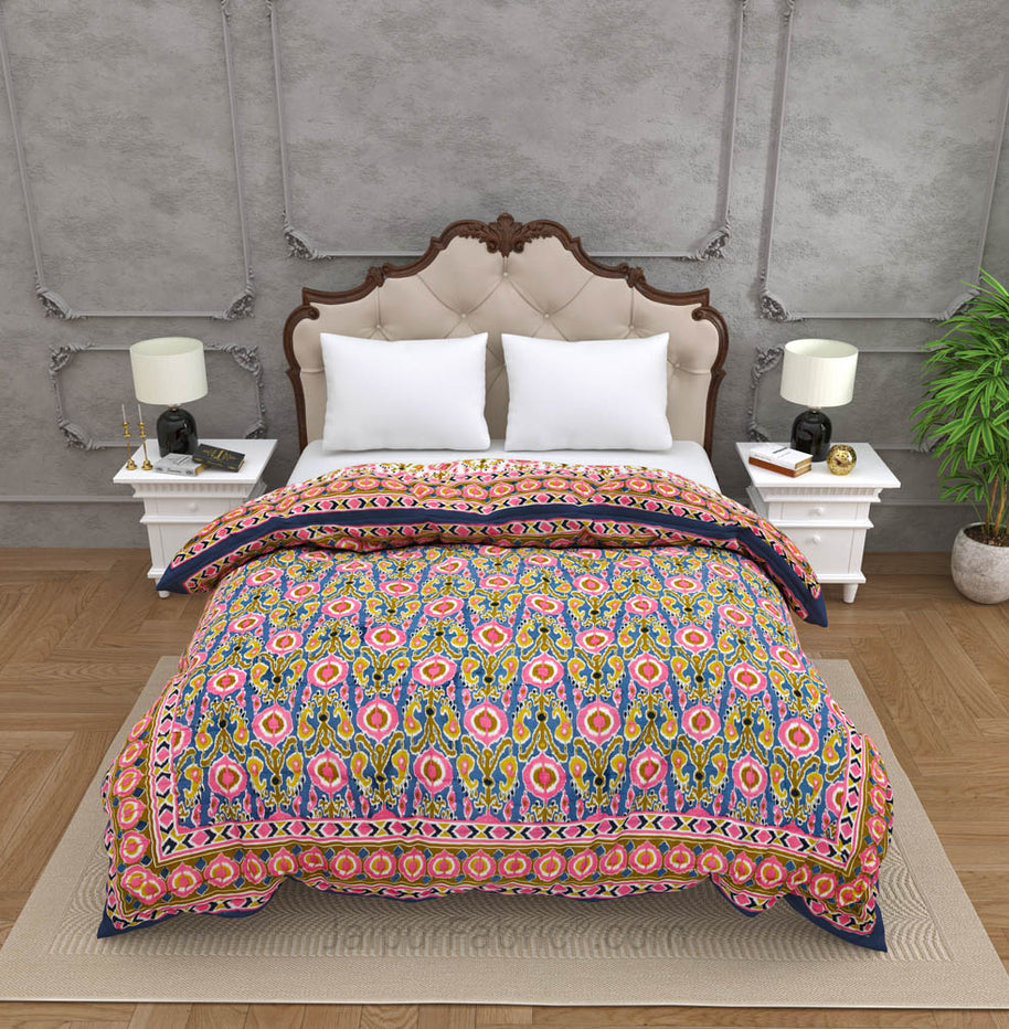 JaipurFabric® Lush Pink Blue Ikat Premium Cotton Double Bed Quilt