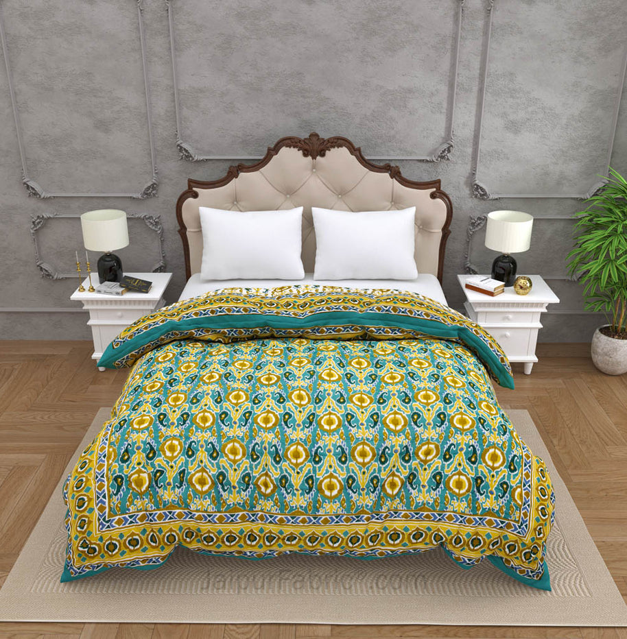 jaipurfabric® Lush Green Ikat Premium Cotton Double Bed Quilt