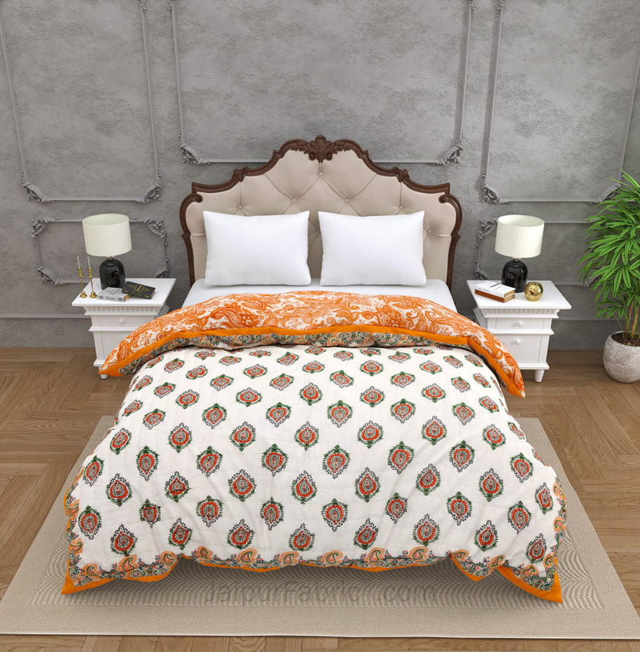 JaipurFabric® Booti Block Print Peachy Premium Cotton Double Bed Quilt