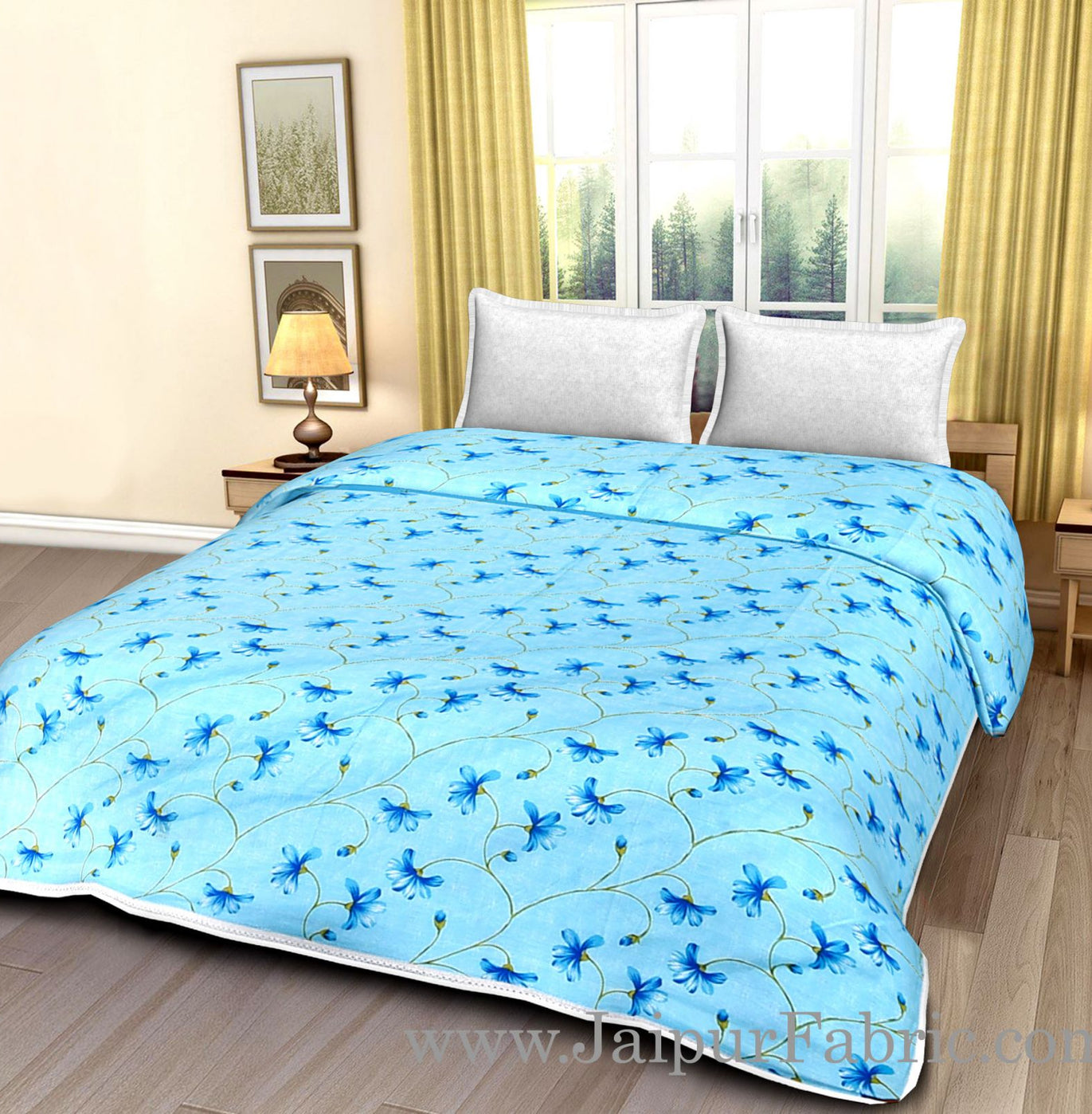 Turquoise Blue Floral Print Cotton Double Bed Size Dohar