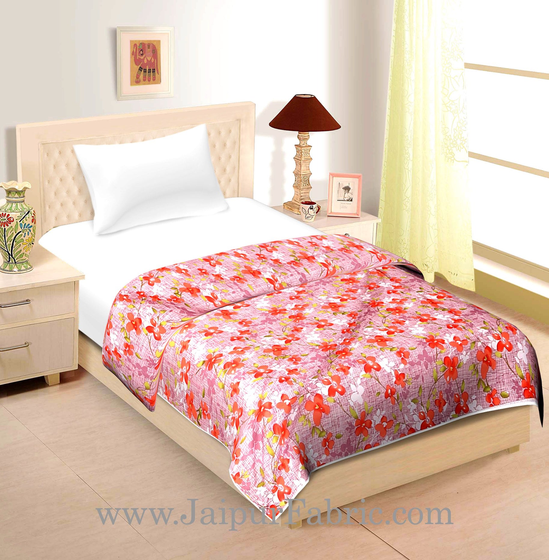 Pink Base With Orange Floral Single Bed Size Dohar