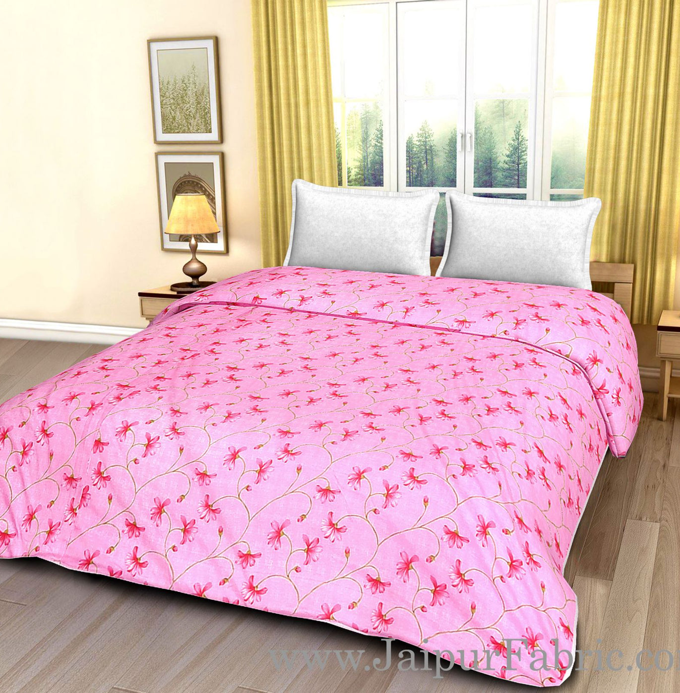 Pink Base Red Floral Print Double Bed Dohar